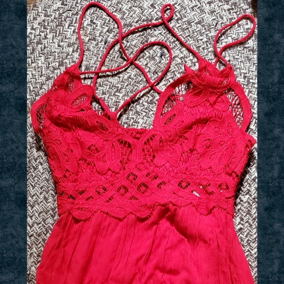 Free People FP ONE Adella Crochet lace gauzy maxi midi dress summer strappy red - Picture 8 of 16